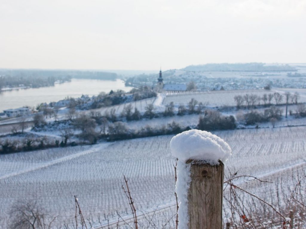 Winter view of the Rhine, Kilianskirche and Nierstein
