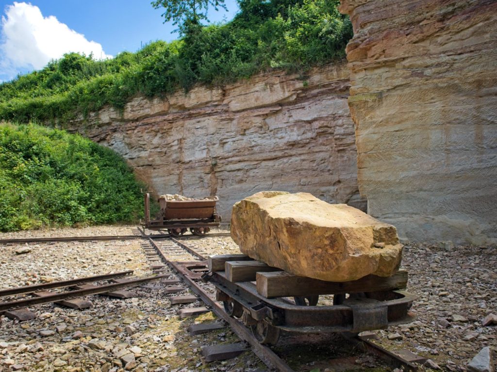Narrow-gauge rails and trolleys in the SCHAU quarry in Flonheim