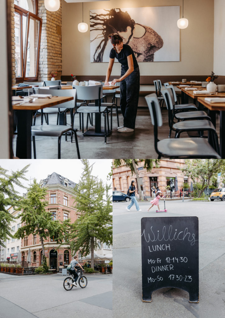 Einblick ins Restaurant Willichs mit Mitarbeiterin beim Eindecken der Tische, Außenansicht des Gebäudes und Aufsteller mit Öffnungszeiten – moderne Gastronomie mitten in der Stadt.