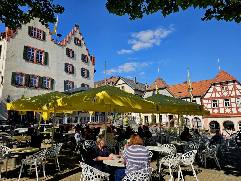 Belebter Marktplatz mit Fachwerkhäusern und Gastronomie in Oppenheim