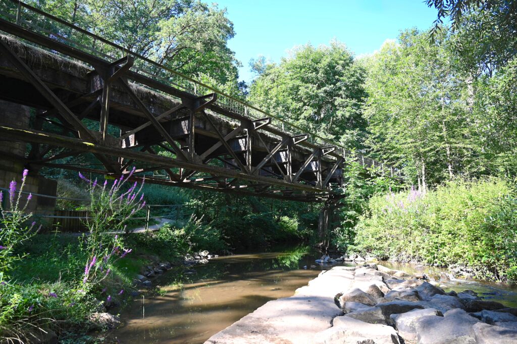 Historische Eisenbahnbrücke über einen Bach im Wald